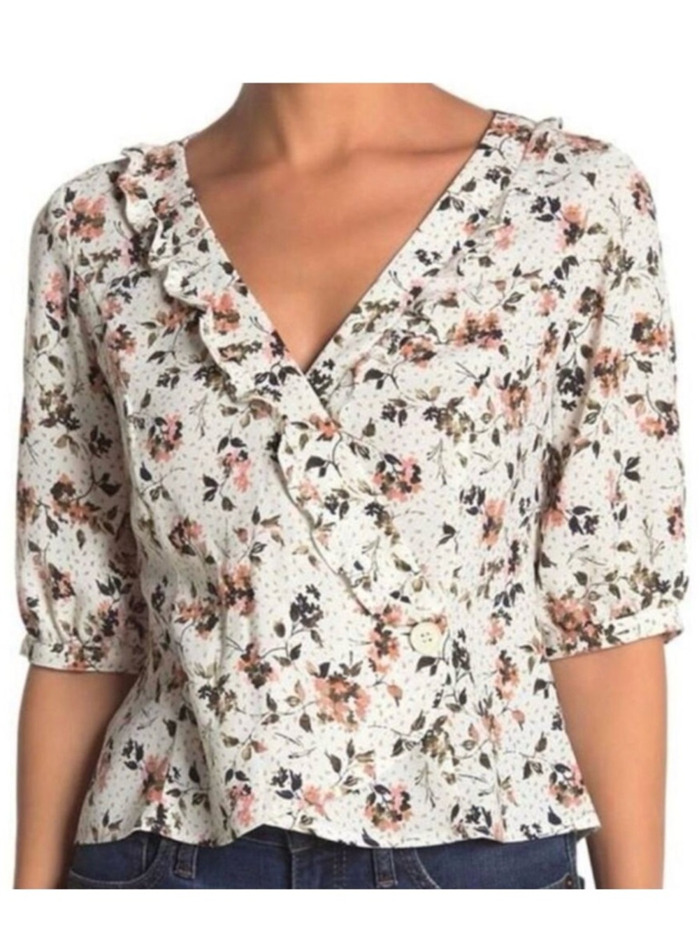 NWT Abound Button wrap short sleeve Blouse ivory delicate ditsy floral sz M